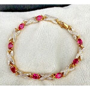 Rhinestone Tennis Bracelet Pink White Gold Tone Signed BB  7"